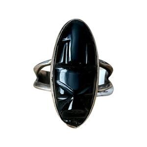 Sterling Silver Carved Face Ring, Vintage Mexican Tribal Jet Face Ring Sz 9.5